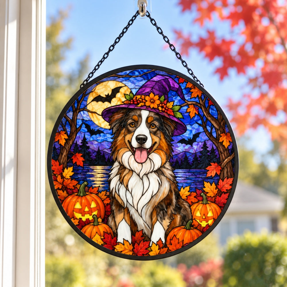Australian Shepherd Halloween stained glass suncatcher window hanging, suitable for home and garden decoration