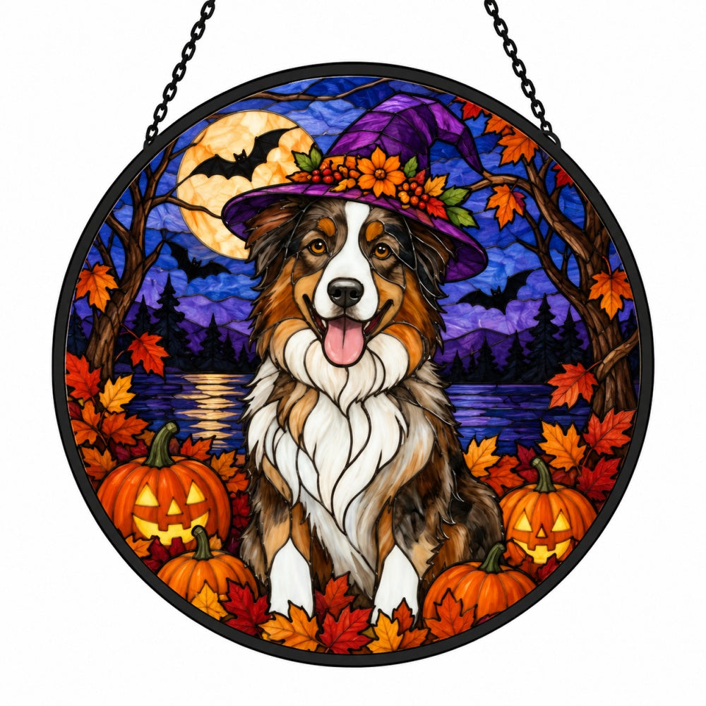 Australian Shepherd Halloween stained glass suncatcher window hanging, suitable for home and garden decoration