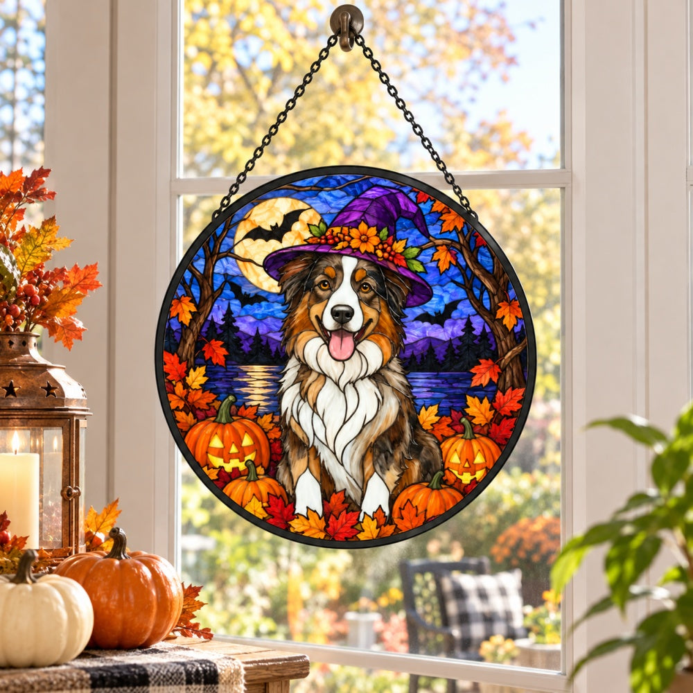 Australian Shepherd Halloween stained glass suncatcher window hanging, suitable for home and garden decoration