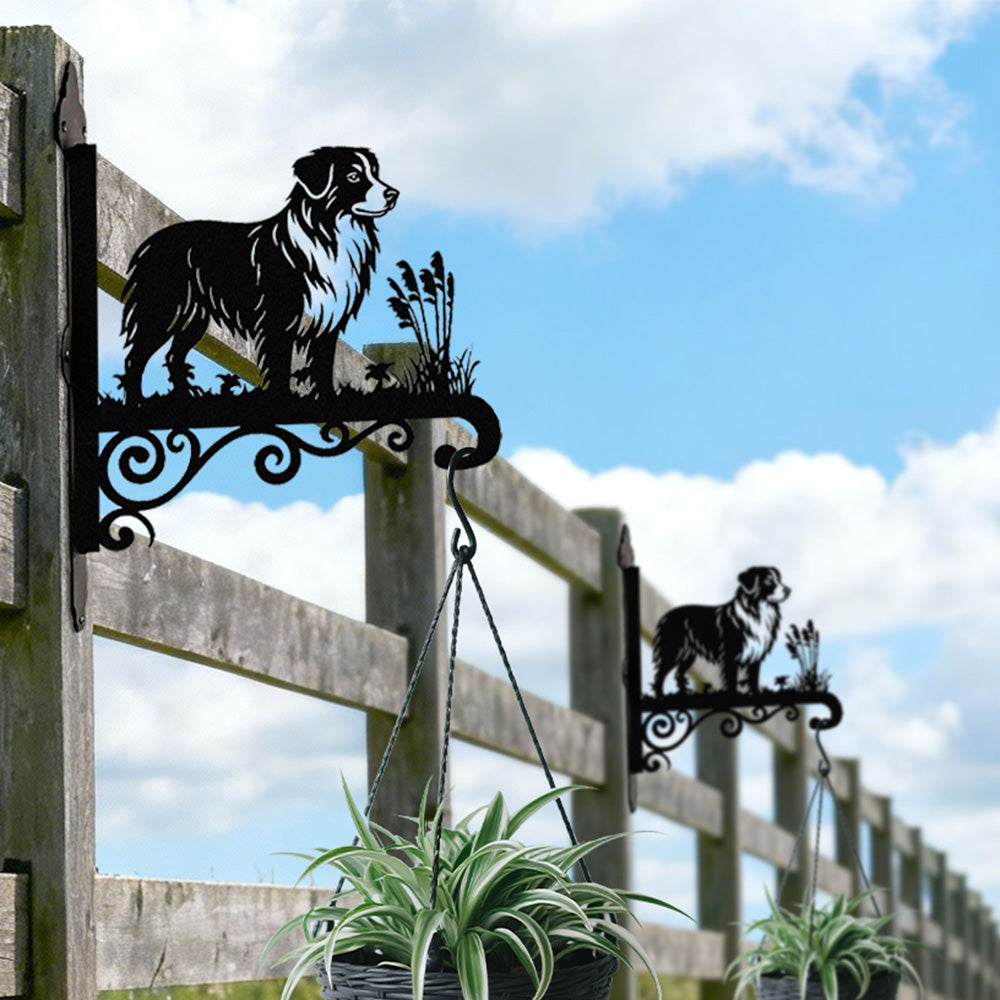 Australian shepherd metal hanging basket bracket mounted on outdoor wall for plant decoration