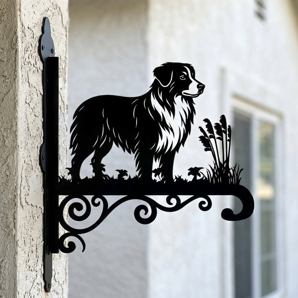 Australian shepherd metal hanging basket bracket mounted on outdoor wall for plant decoration