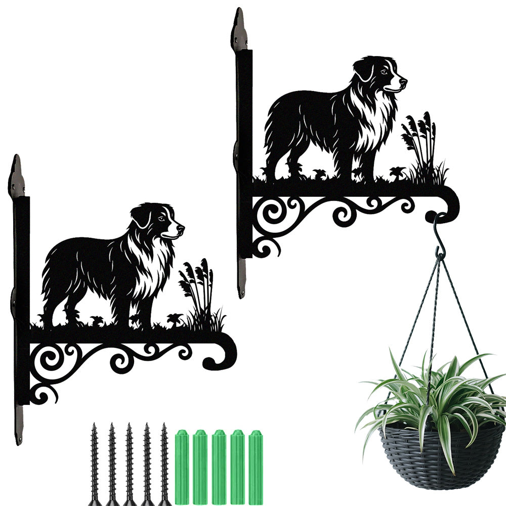 Australian shepherd metal hanging basket bracket mounted on outdoor wall for plant decoration