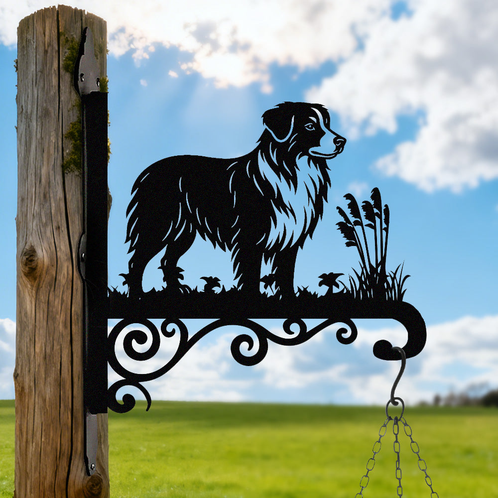 Australian shepherd metal hanging basket bracket mounted on outdoor wall for plant decoration