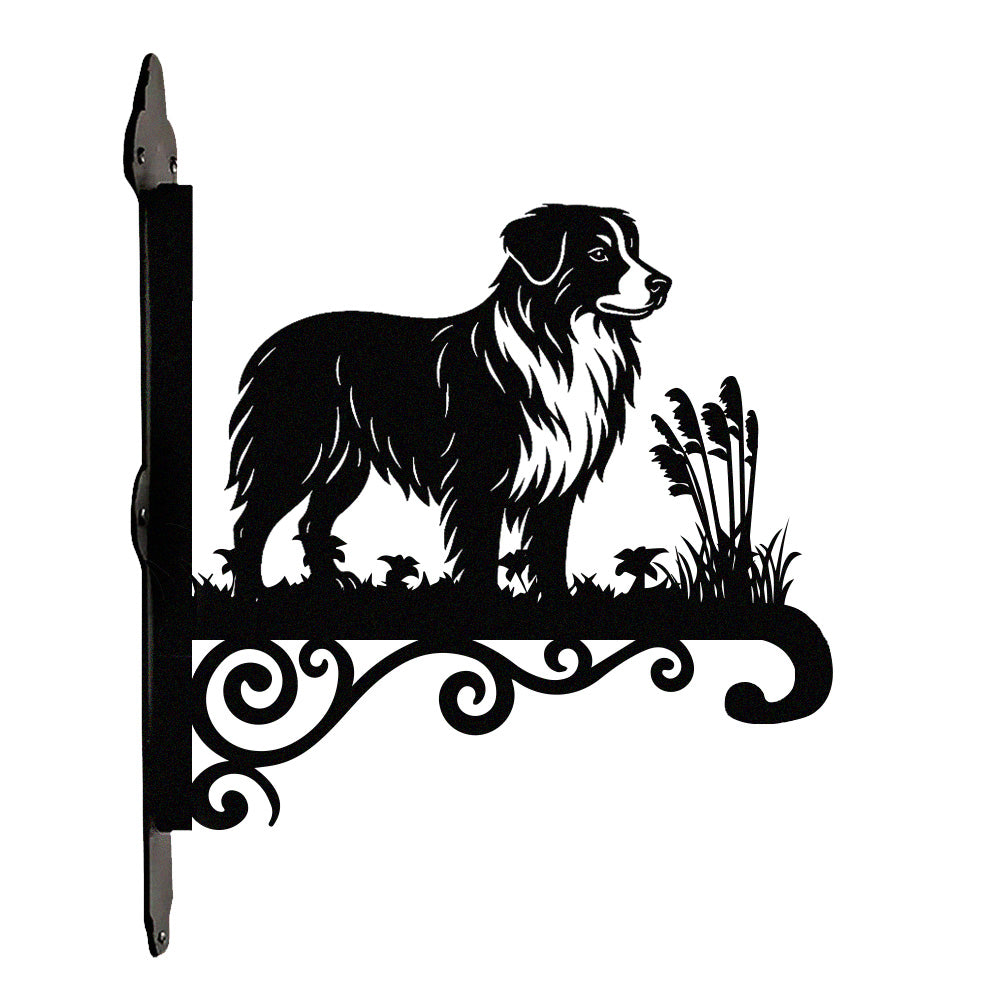 Australian shepherd metal hanging basket bracket mounted on outdoor wall for plant decoration