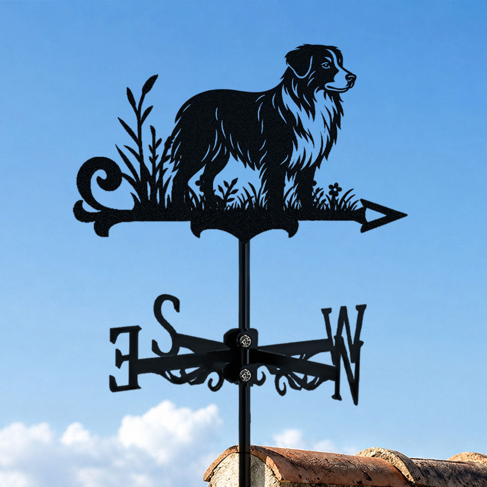 Australian Shepherd metal weather vane with directional arrows and mounting rod, outdoor roof and garden decoration
