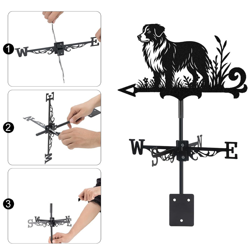 Australian Shepherd metal weather vane with directional arrows and mounting rod, outdoor roof and garden decoration