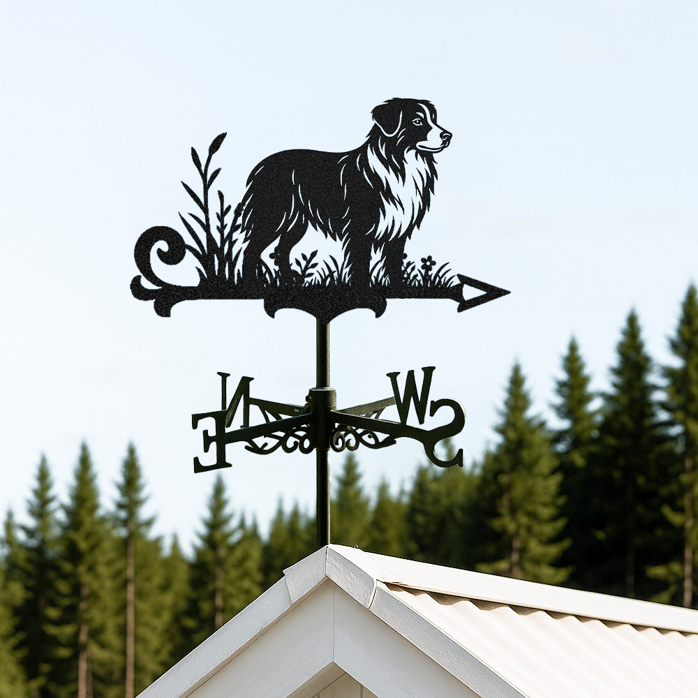 Australian Shepherd metal weather vane with directional arrows and mounting rod, outdoor roof and garden decoration