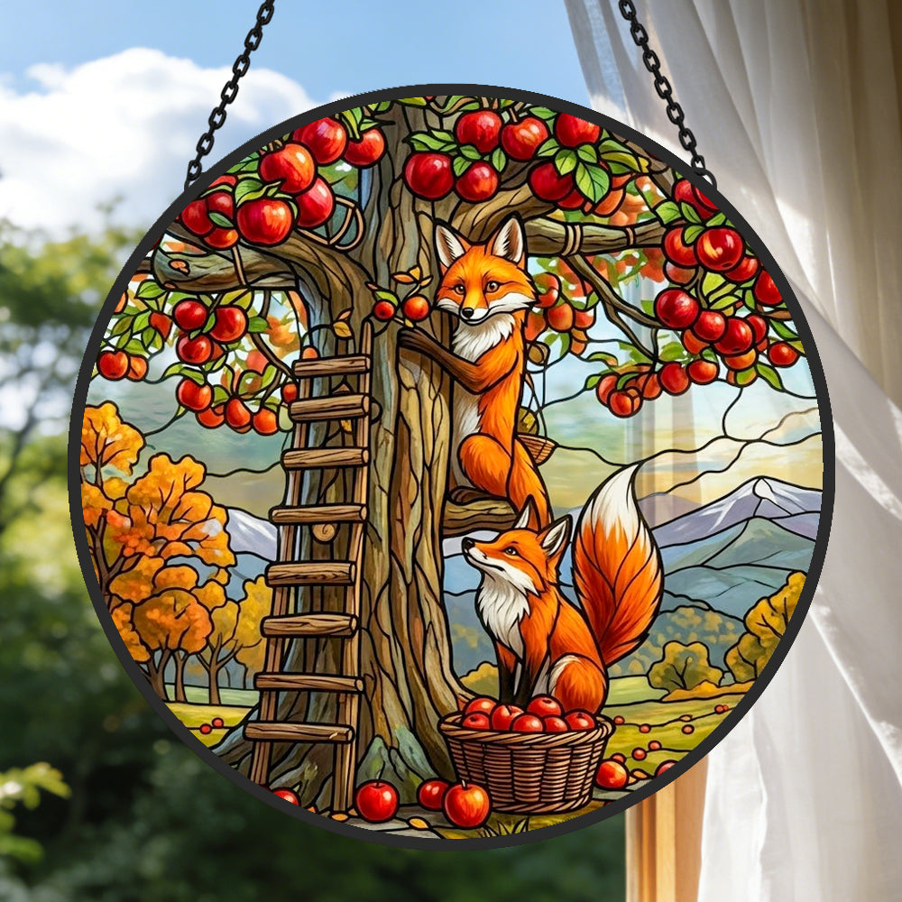Autumn apple orchard foxes stained glass suncatcher window hanging, suitable for home and garden decoration