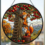 Autumn apple orchard foxes stained glass suncatcher window hanging, suitable for home and garden decoration