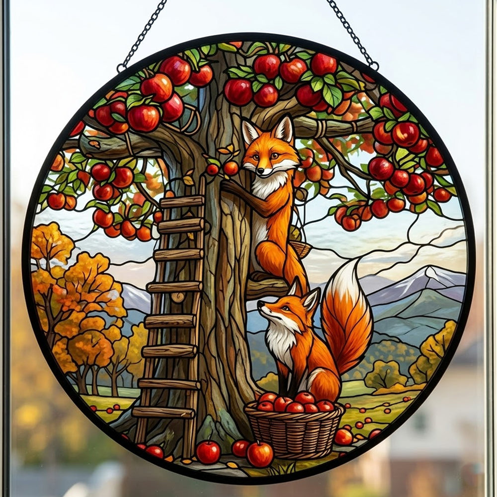 Autumn apple orchard foxes stained glass suncatcher window hanging, suitable for home and garden decoration