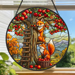 Autumn apple orchard foxes stained glass suncatcher window hanging, suitable for home and garden decoration