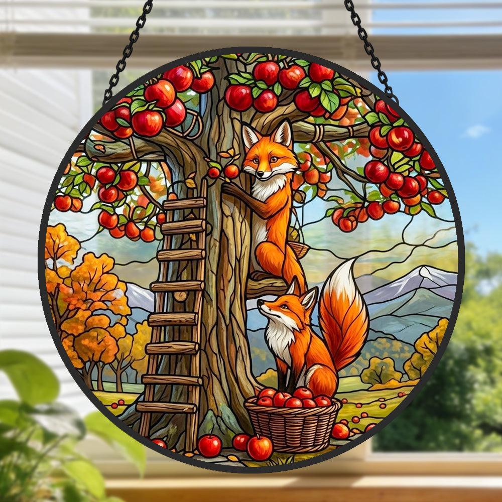 Autumn apple orchard foxes stained glass suncatcher window hanging, suitable for home and garden decoration
