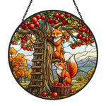 Autumn apple orchard foxes stained glass suncatcher window hanging, suitable for home and garden decoration