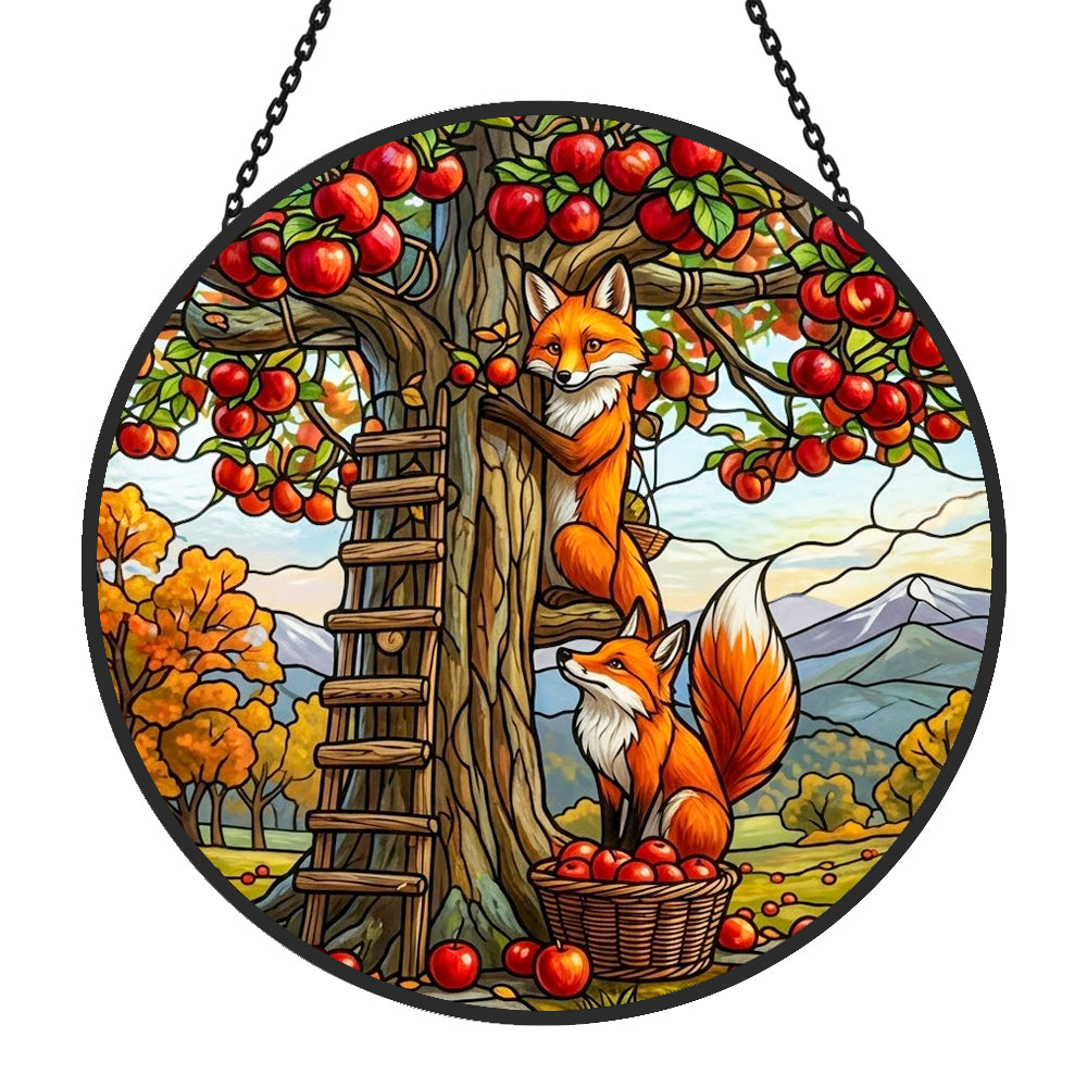 Autumn apple orchard foxes stained glass suncatcher window hanging, suitable for home and garden decoration