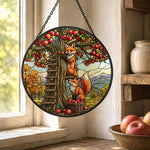Autumn apple orchard foxes stained glass suncatcher window hanging, suitable for home and garden decoration