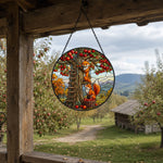 Autumn apple orchard foxes stained glass suncatcher window hanging, suitable for home and garden decoration