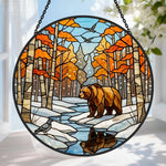 Autumn birch forest bear stained glass suncatcher window hanging, suitable for home and garden decoration