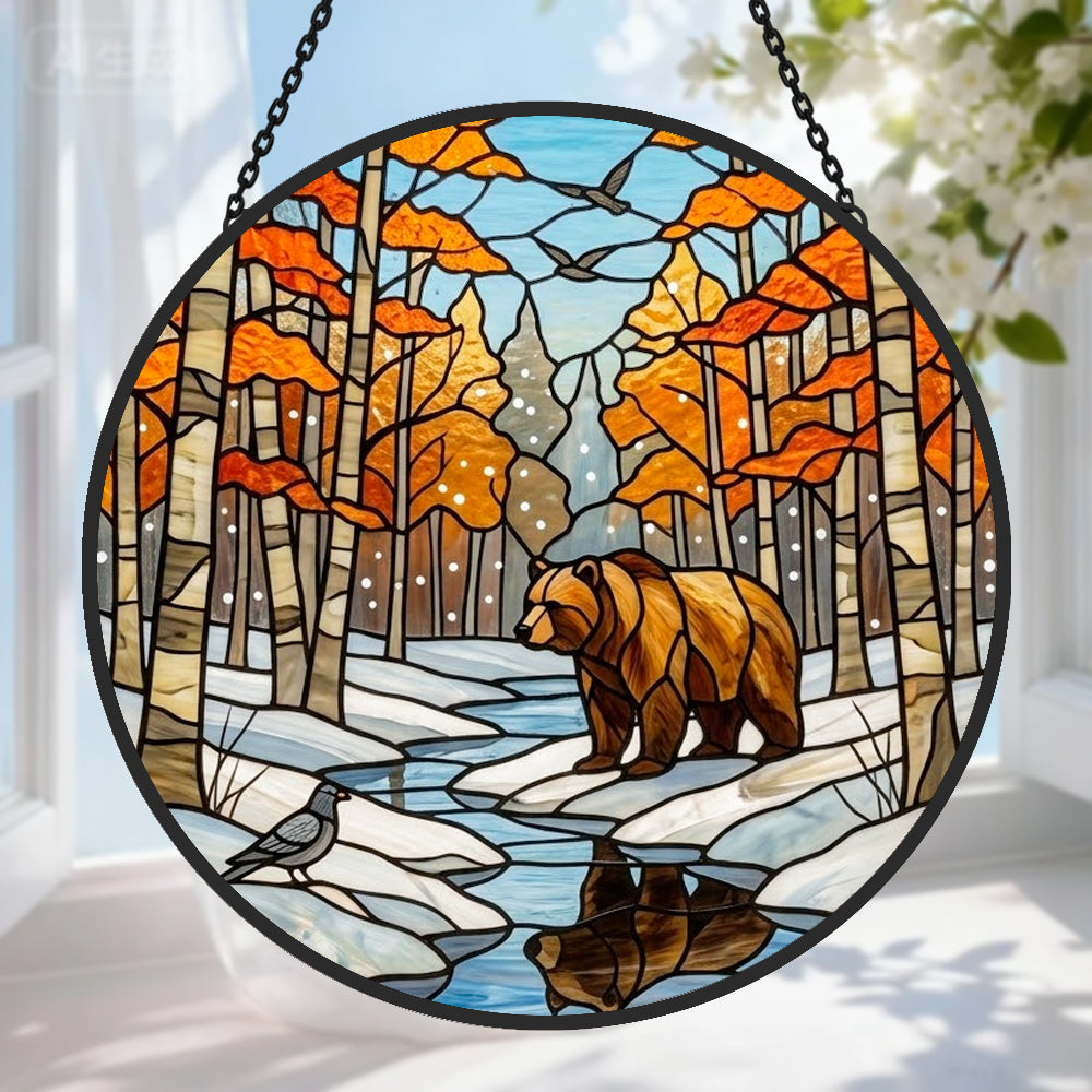 Autumn birch forest bear stained glass suncatcher window hanging, suitable for home and garden decoration