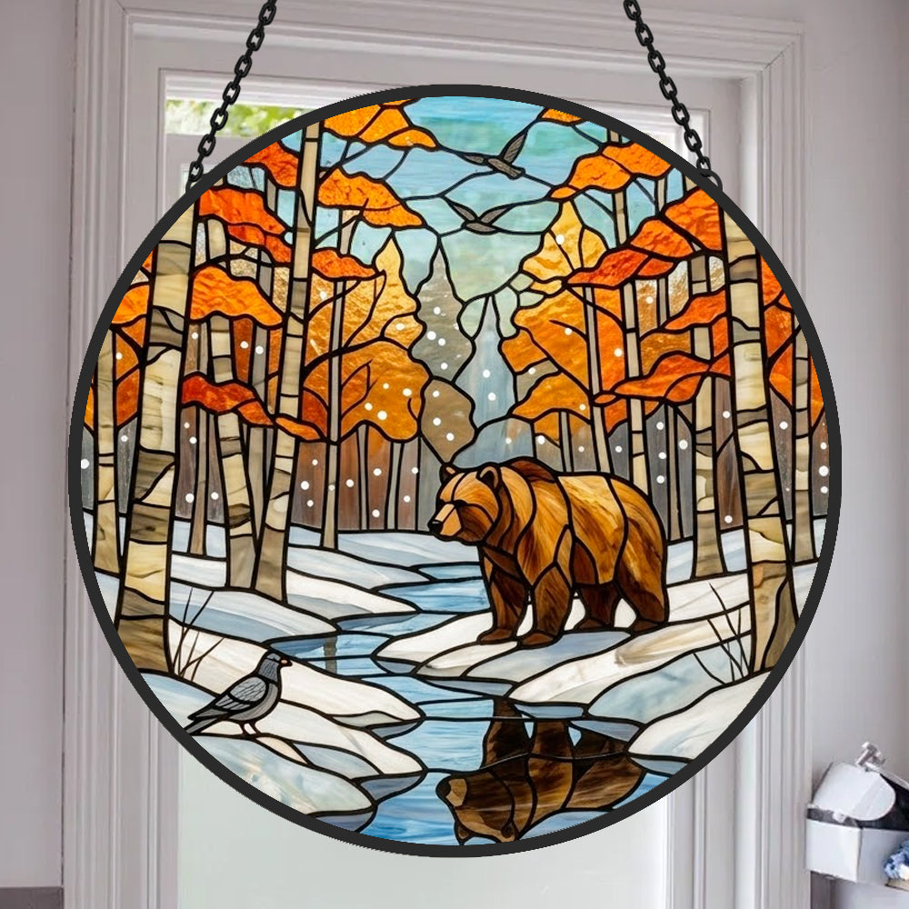 Autumn birch forest bear stained glass suncatcher window hanging, suitable for home and garden decoration