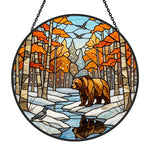 Autumn birch forest bear stained glass suncatcher window hanging, suitable for home and garden decoration