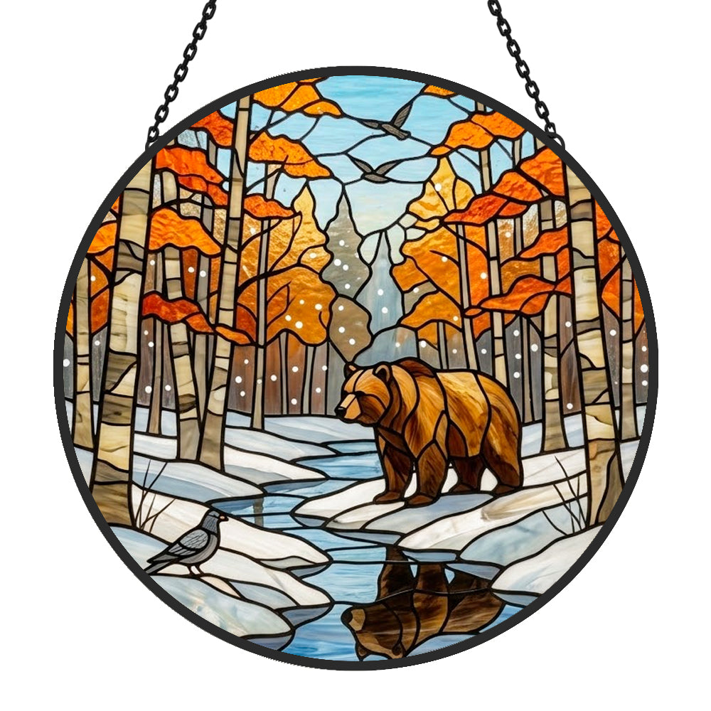 Autumn birch forest bear stained glass suncatcher window hanging, suitable for home and garden decoration
