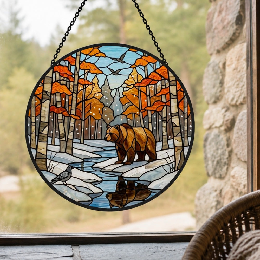 Autumn birch forest bear stained glass suncatcher window hanging, suitable for home and garden decoration