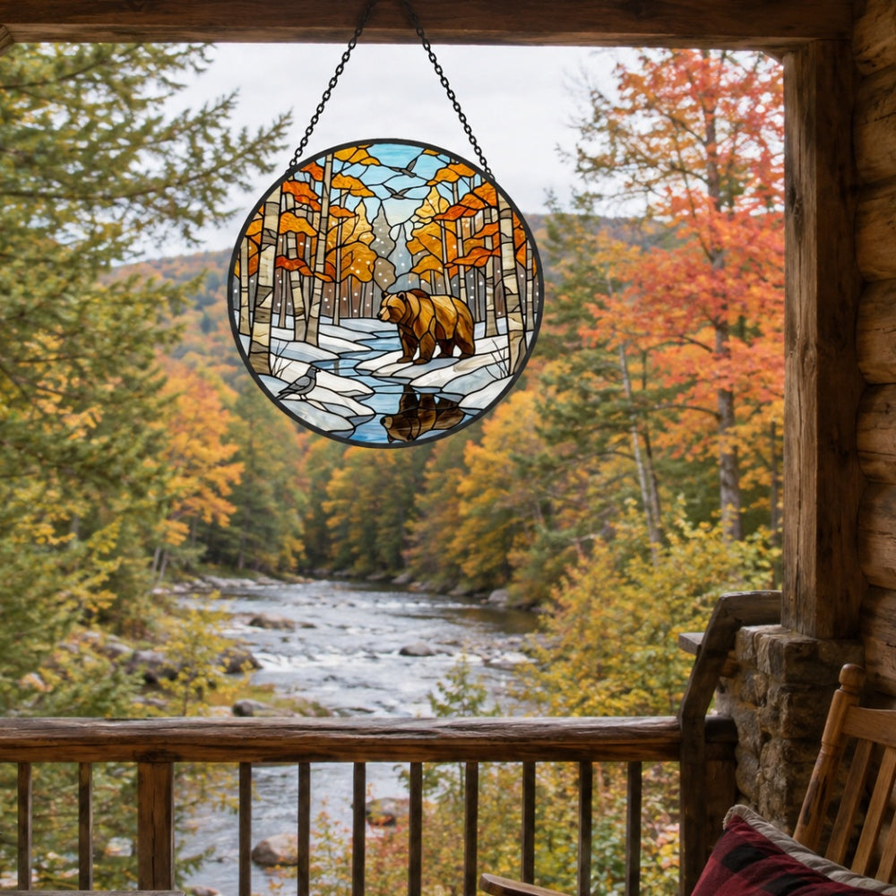 Autumn birch forest bear stained glass suncatcher window hanging, suitable for home and garden decoration