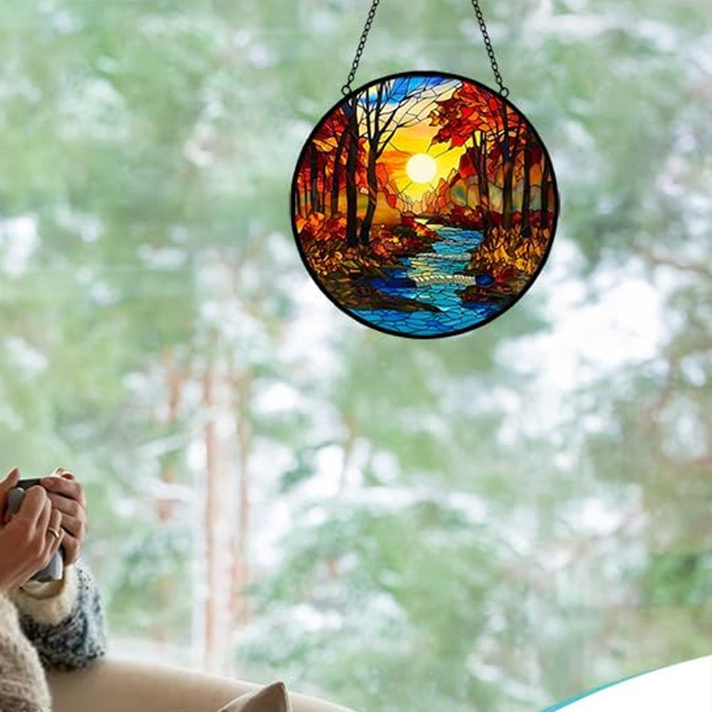 Autumn forest creek sunset stained glass suncatcher window hanging, suitable for home and garden decoration