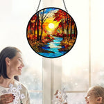 Autumn forest creek sunset stained glass suncatcher window hanging, suitable for home and garden decoration