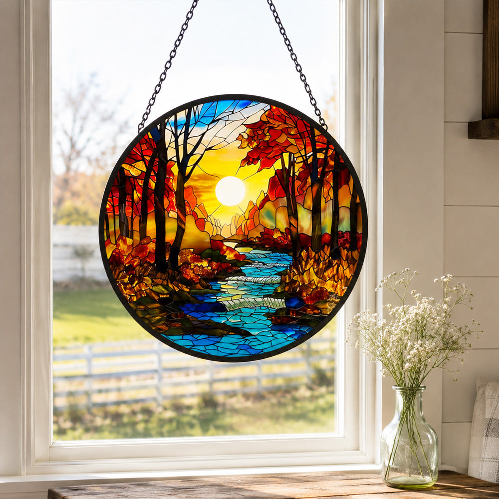 Autumn forest creek sunset stained glass suncatcher window hanging, suitable for home and garden decoration