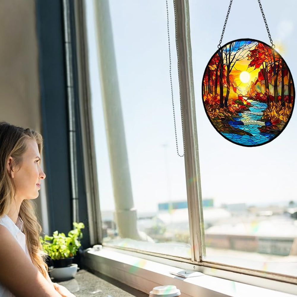 Autumn forest creek sunset stained glass suncatcher window hanging, suitable for home and garden decoration
