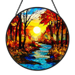 Autumn forest creek sunset stained glass suncatcher window hanging, suitable for home and garden decoration