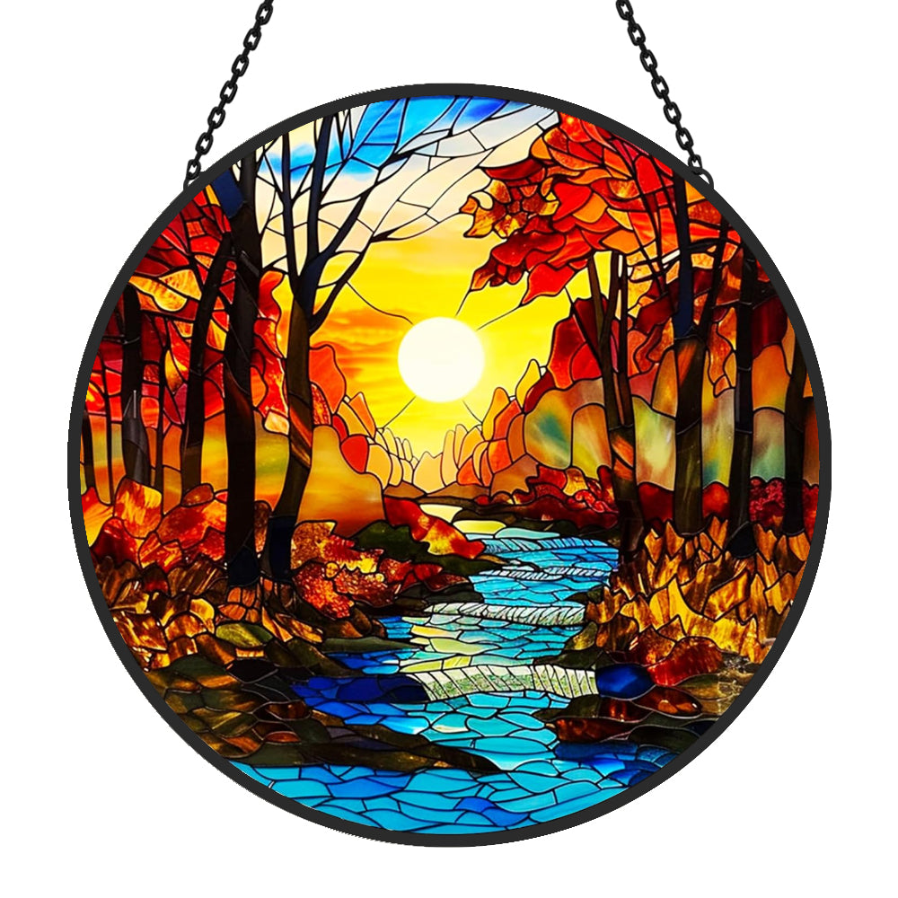 Autumn forest creek sunset stained glass suncatcher window hanging, suitable for home and garden decoration