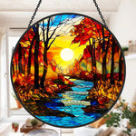 Autumn forest creek sunset stained glass suncatcher window hanging, suitable for home and garden decoration