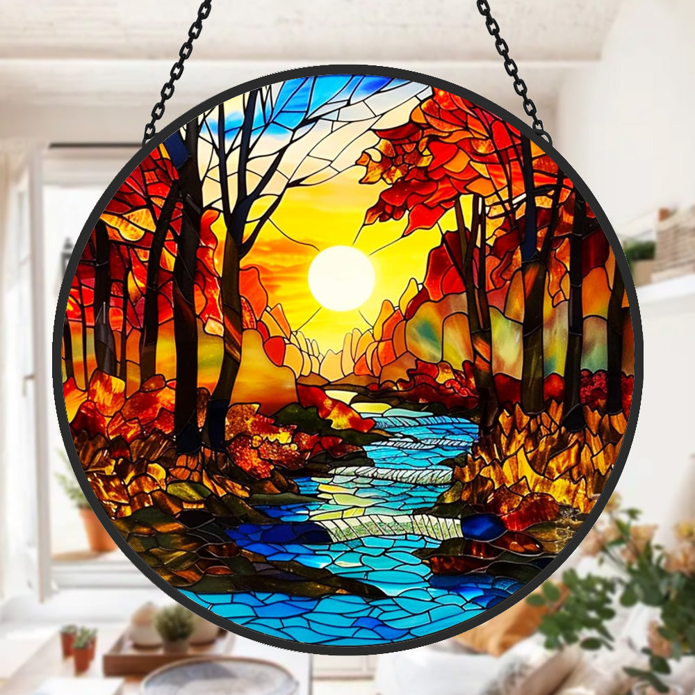 Autumn forest creek sunset stained glass suncatcher window hanging, suitable for home and garden decoration