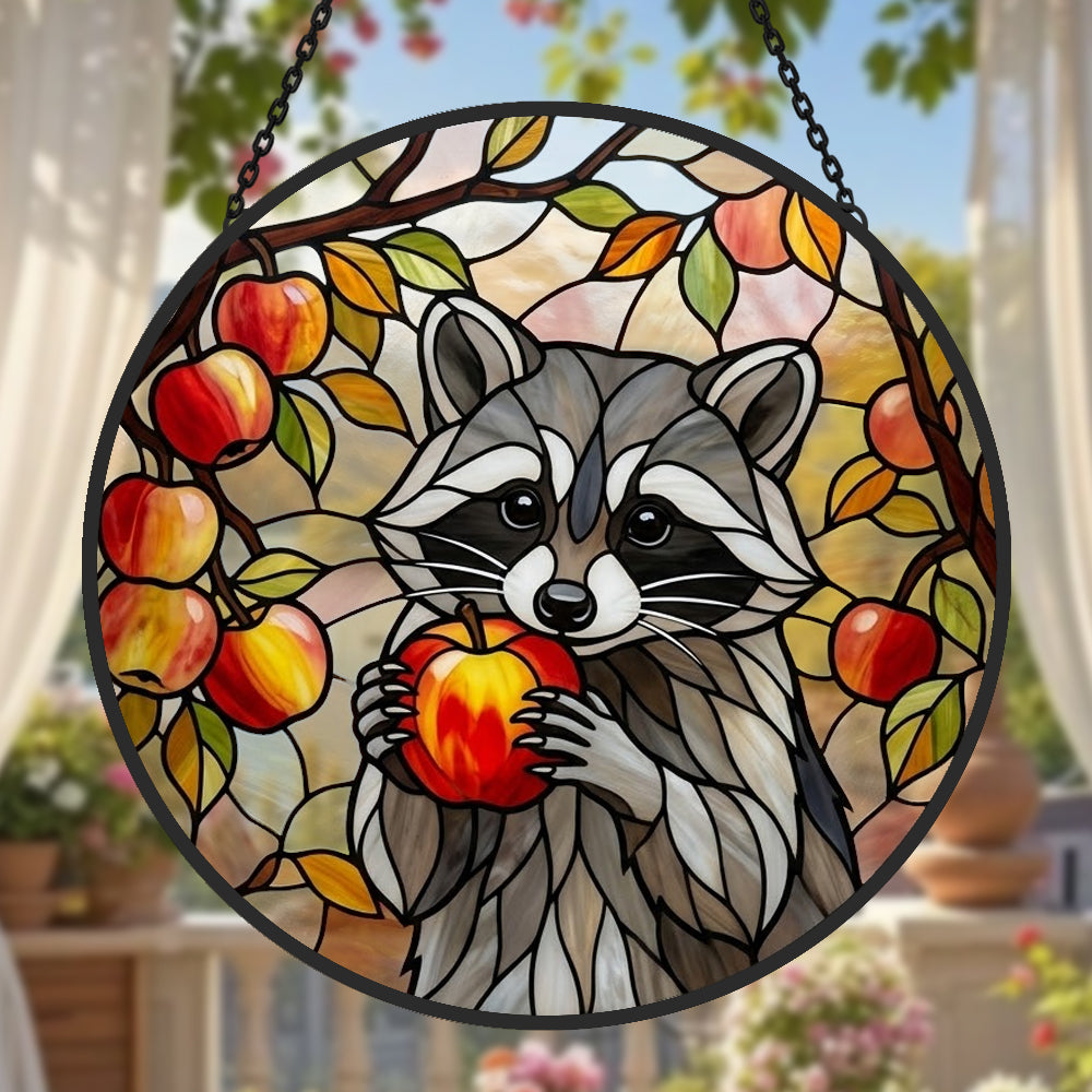 Autumn harvest apple raccoon stained glass suncatcher window hanging, suitable for home and garden decoration