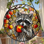 Autumn harvest apple raccoon stained glass suncatcher window hanging, suitable for home and garden decoration