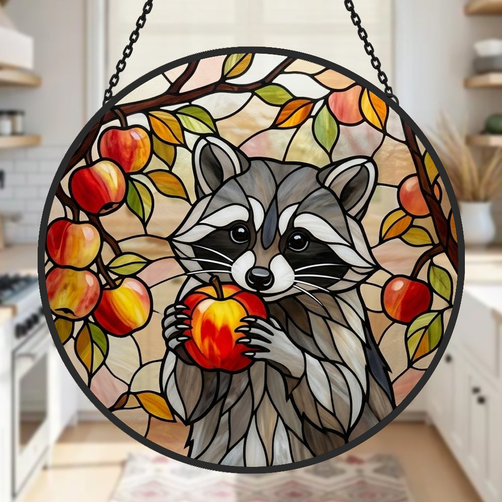 Autumn harvest apple raccoon stained glass suncatcher window hanging, suitable for home and garden decoration