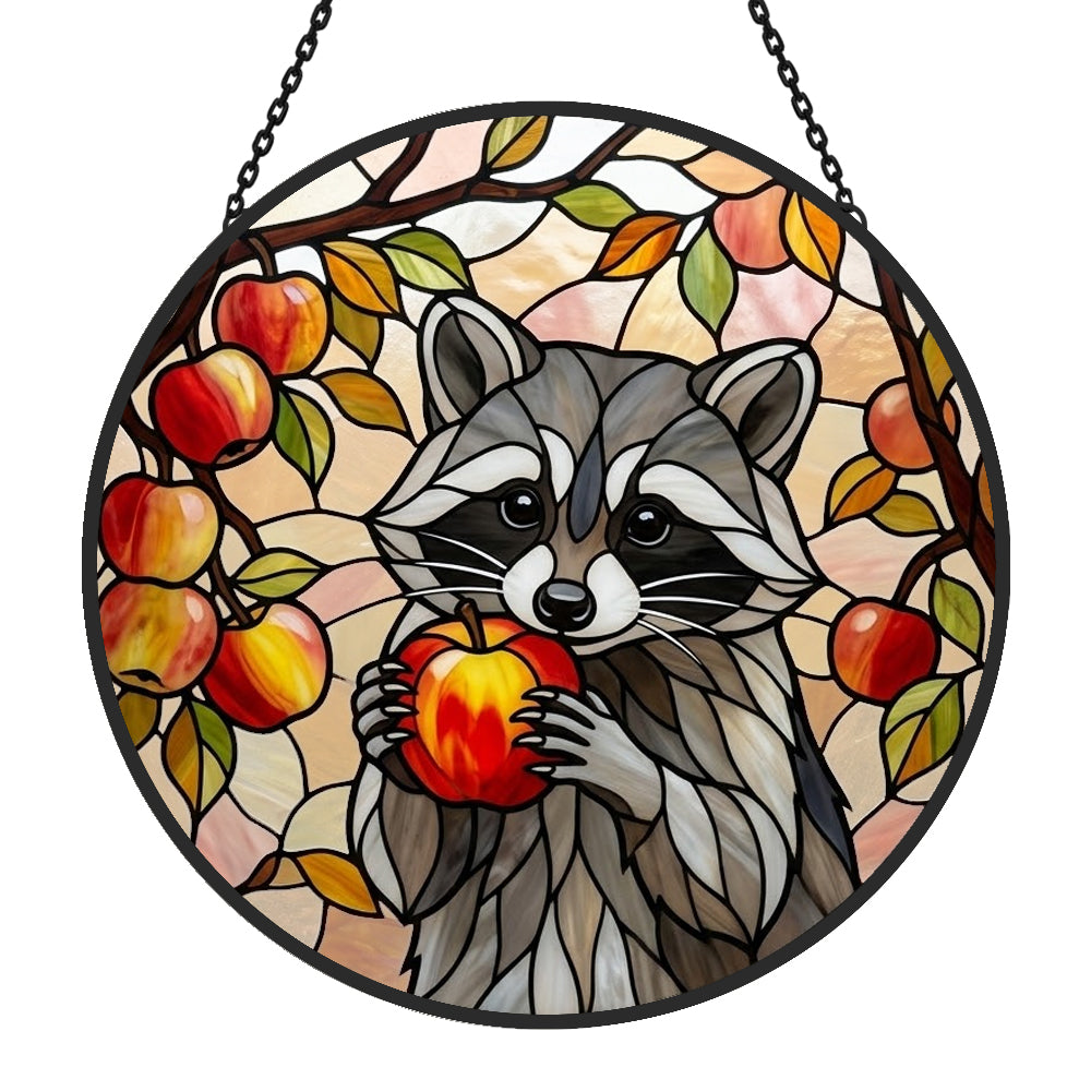 Autumn harvest apple raccoon stained glass suncatcher window hanging, suitable for home and garden decoration