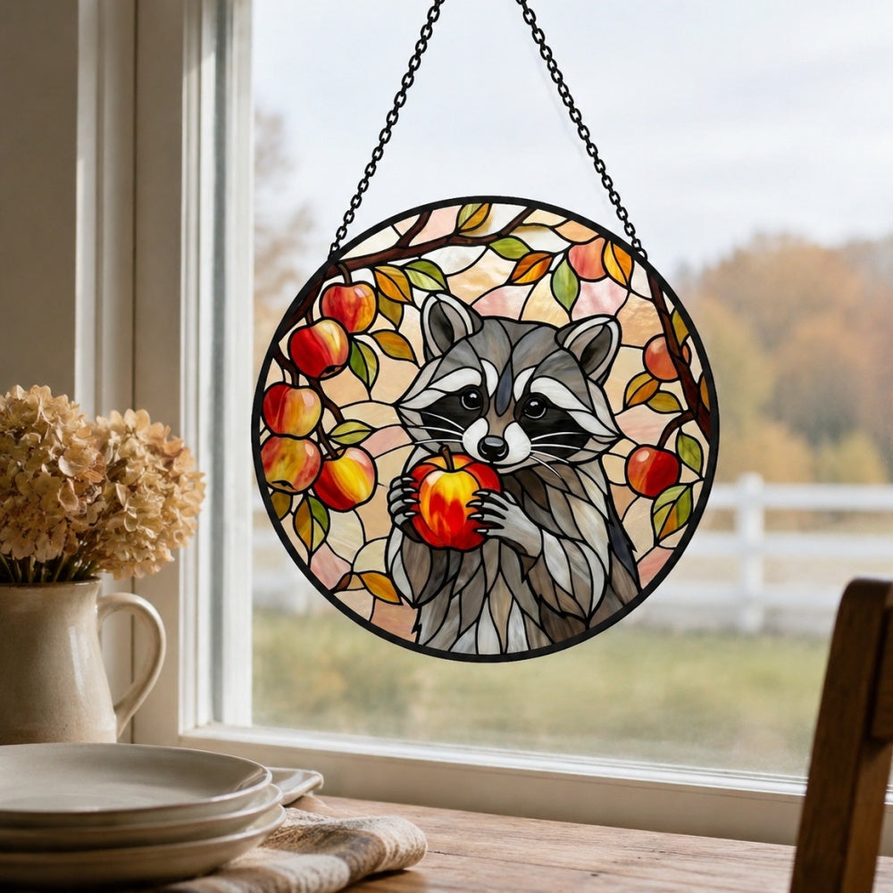 Autumn harvest apple raccoon stained glass suncatcher window hanging, suitable for home and garden decoration