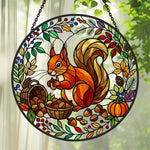 Autumn harvest squirrel stained glass suncatcher window hanging, suitable for home and garden decoration