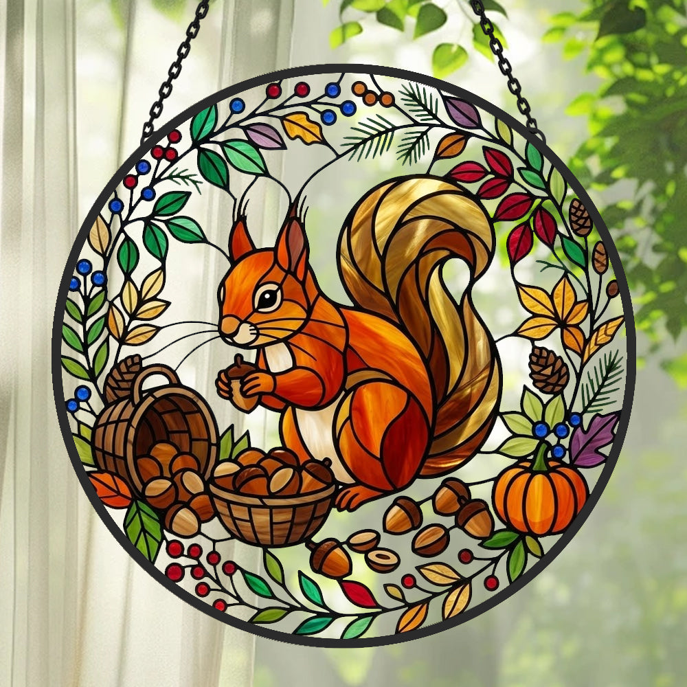 Autumn harvest squirrel stained glass suncatcher window hanging, suitable for home and garden decoration