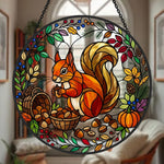 Autumn harvest squirrel stained glass suncatcher window hanging, suitable for home and garden decoration