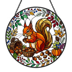 Autumn harvest squirrel stained glass suncatcher window hanging, suitable for home and garden decoration