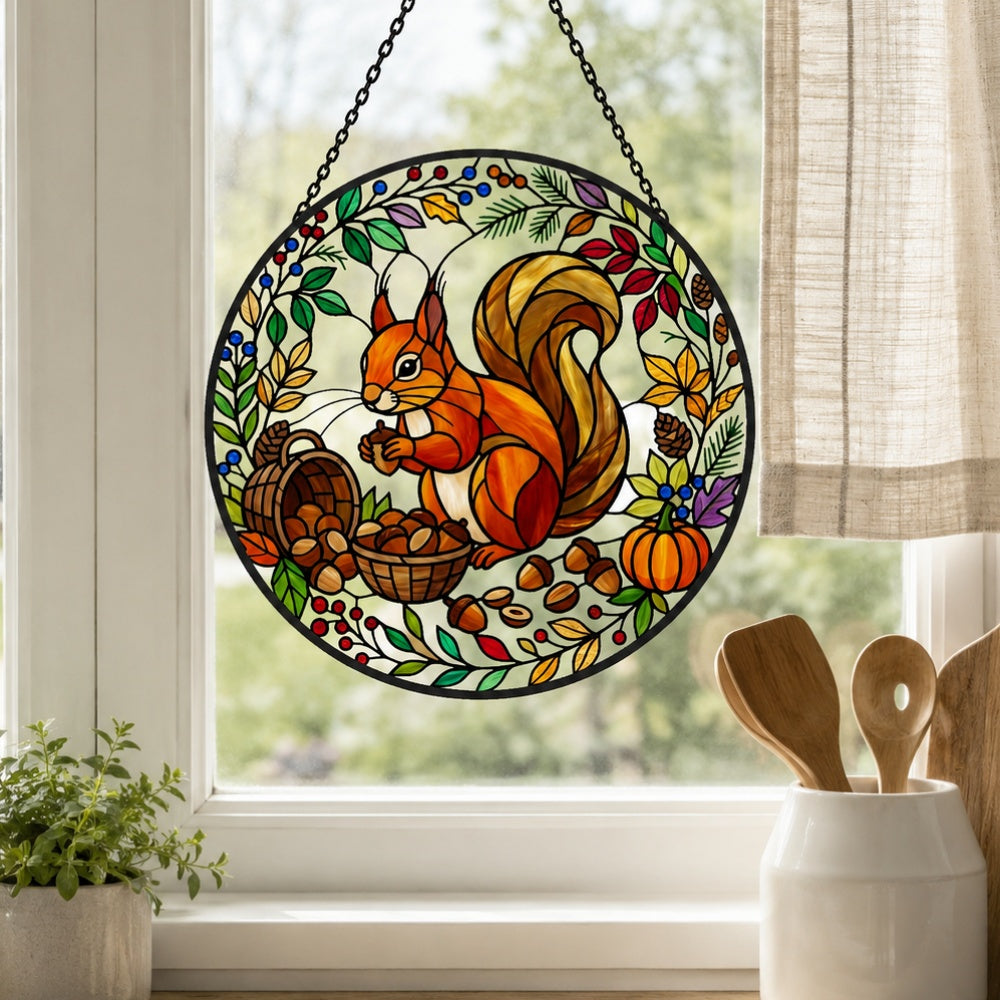 Autumn harvest squirrel stained glass suncatcher window hanging, suitable for home and garden decoration