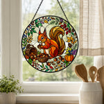 Autumn harvest squirrel stained glass suncatcher window hanging, suitable for home and garden decoration