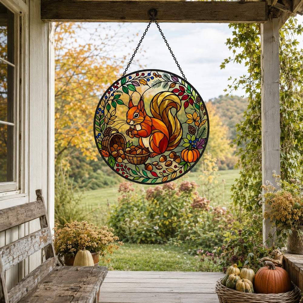 Autumn harvest squirrel stained glass suncatcher window hanging, suitable for home and garden decoration