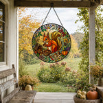 Autumn harvest squirrel stained glass suncatcher window hanging, suitable for home and garden decoration