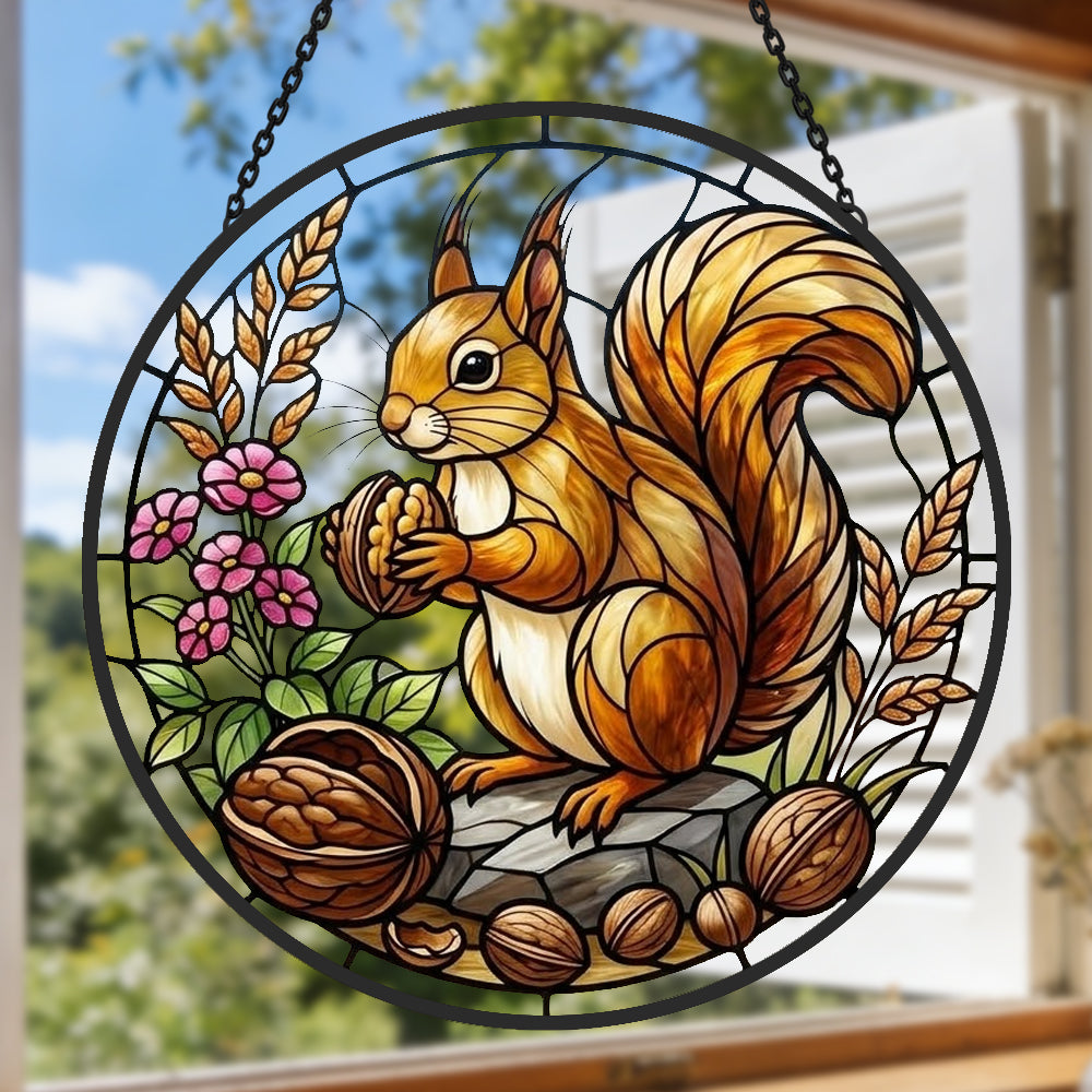 Autumn harvest squirrel-1 stained glass suncatcher window hanging, suitable for home and garden decoration