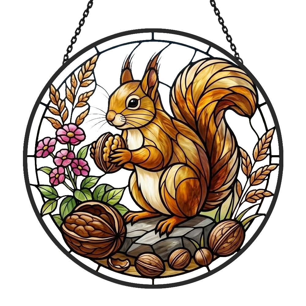 Autumn harvest squirrel-1 stained glass suncatcher window hanging, suitable for home and garden decoration